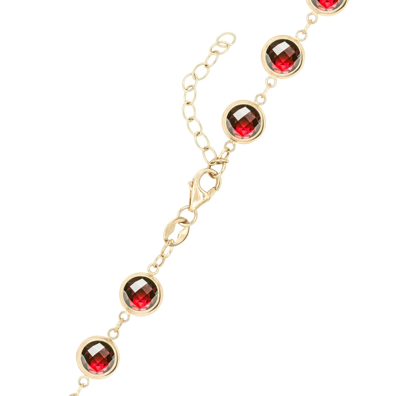 14k yellow gold 1.17 mm cable chain with a lobster claw clasp and 6 mm briolette cut bezel set garnets