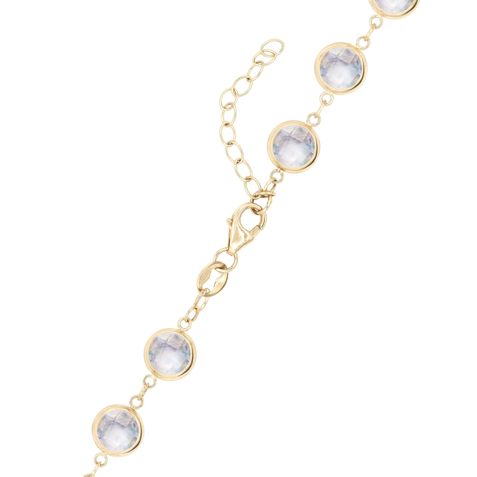 14k yellow gold 1.17 mm cable chain with a lobster claw clasp and 6 mm briolette cut bezel set moonstones