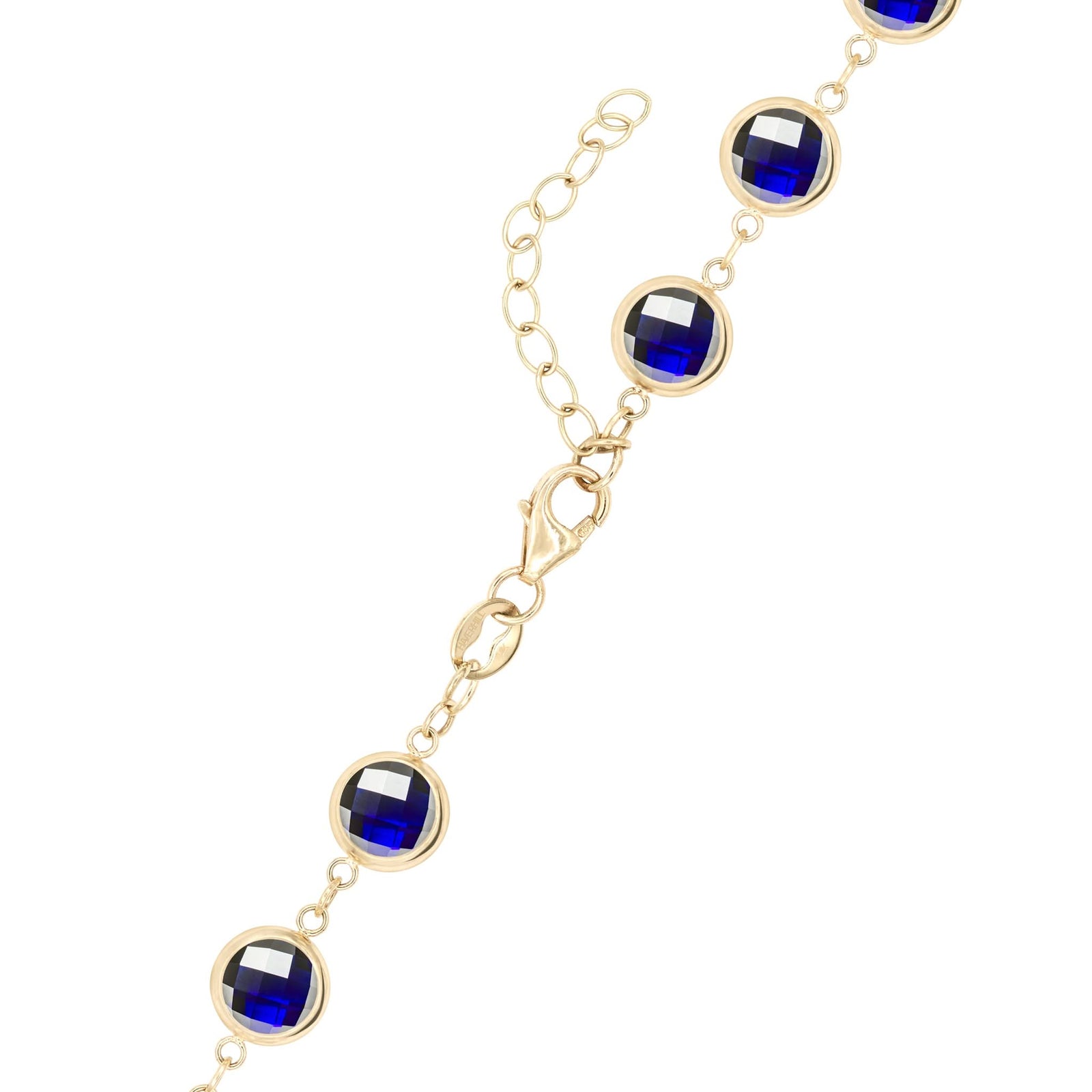 14k yellow gold 1.17 mm cable chain with a lobster claw clasp and 6 mm briolette cut bezel set sapphires