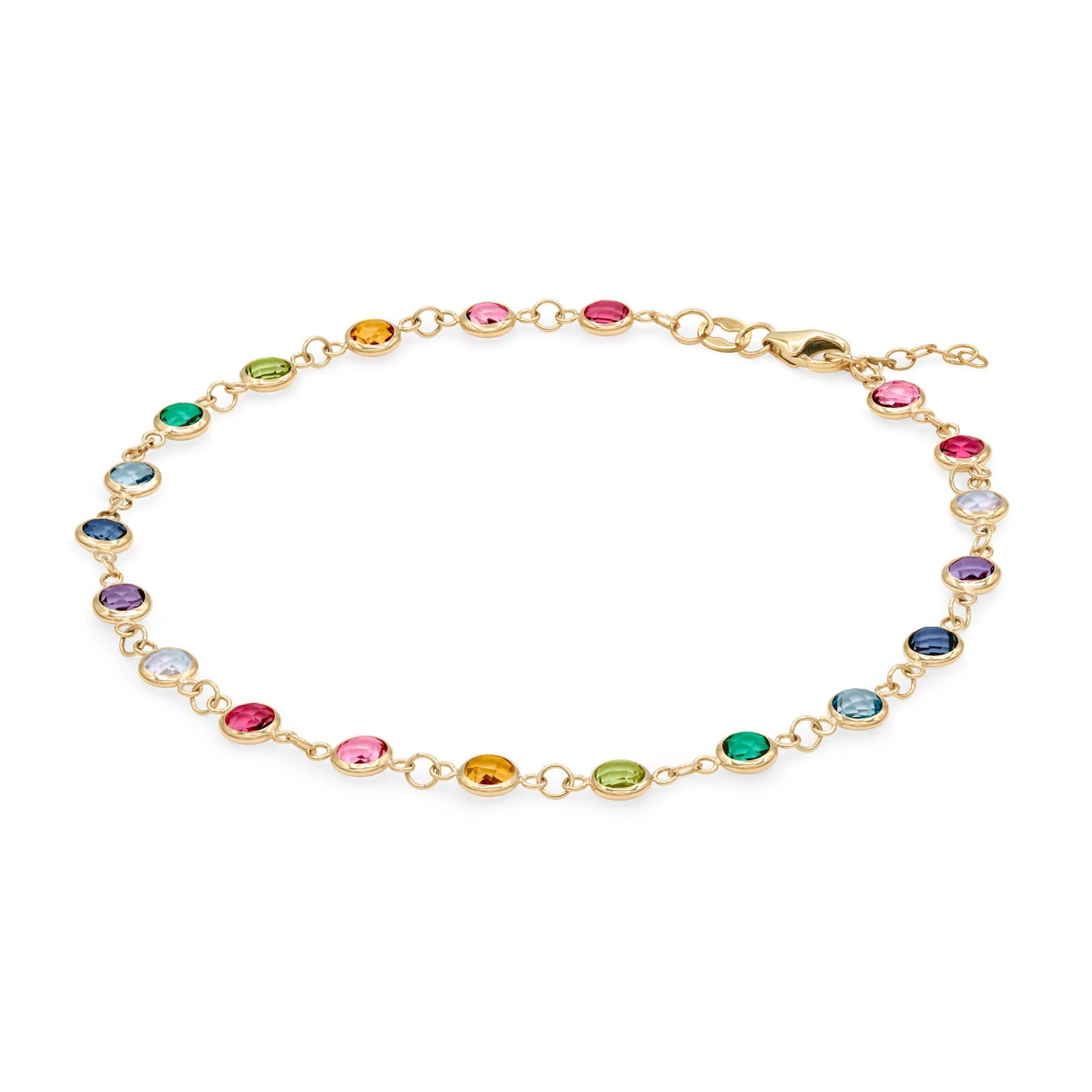 Newport 14k yellow gold bracelet featuring eighteen 4 mm briolette cut bezel set rainbow hued gemstones - angled view