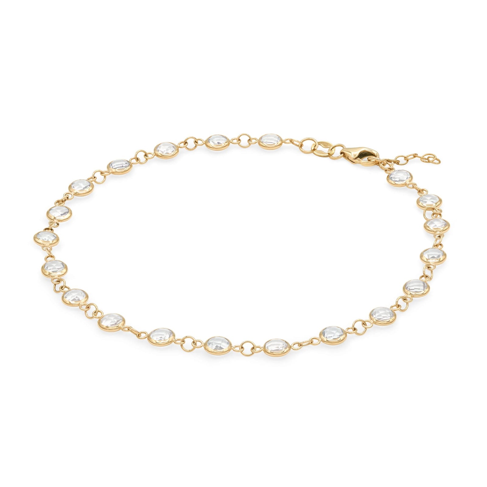 Newport 14k yellow gold bracelet featuring eighteen 4 mm briolette cut bezel set white topaz - angled view