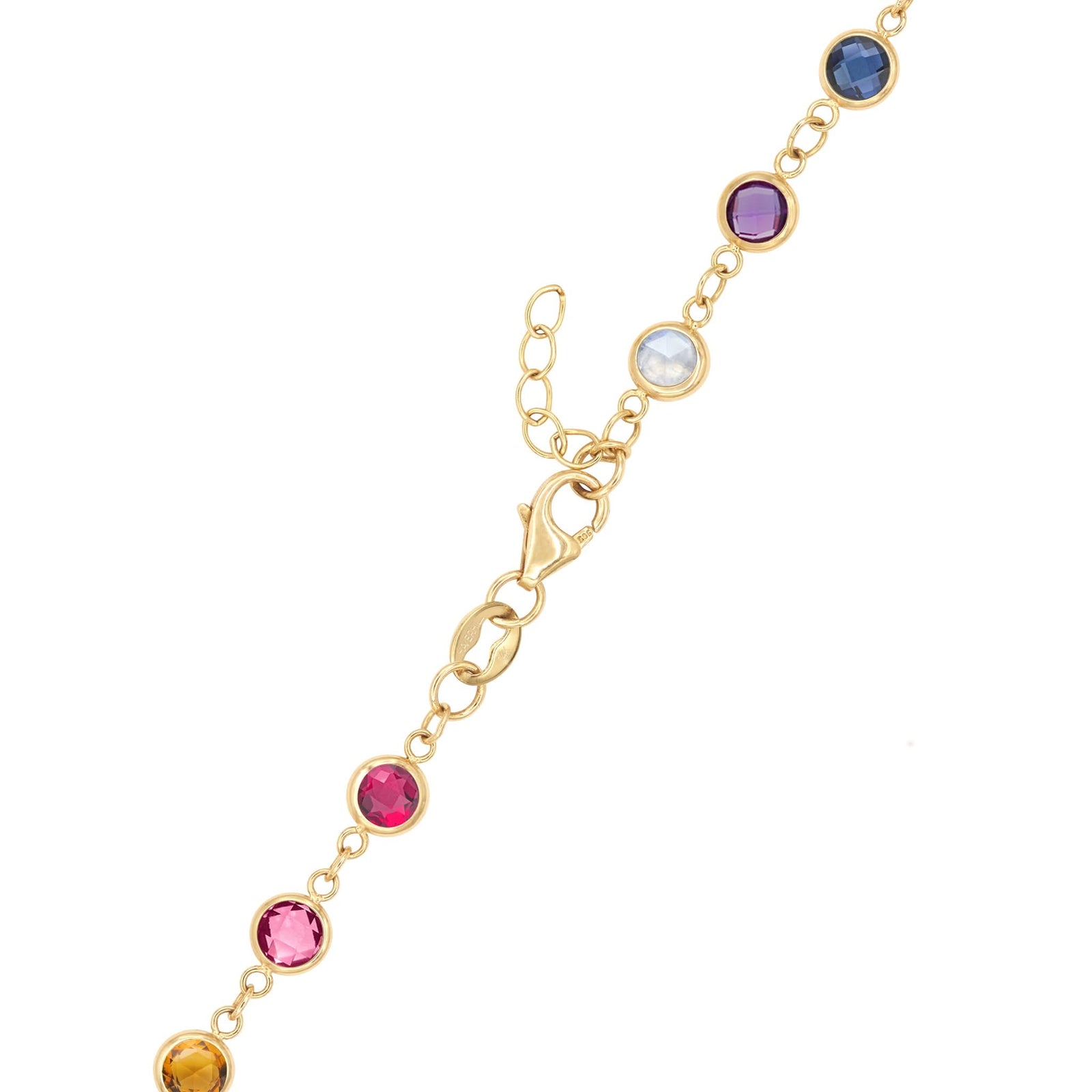 14k yellow gold 1.17 mm cable chain with a lobster claw clasp and 4 mm briolette cut rainbow hued gemstones