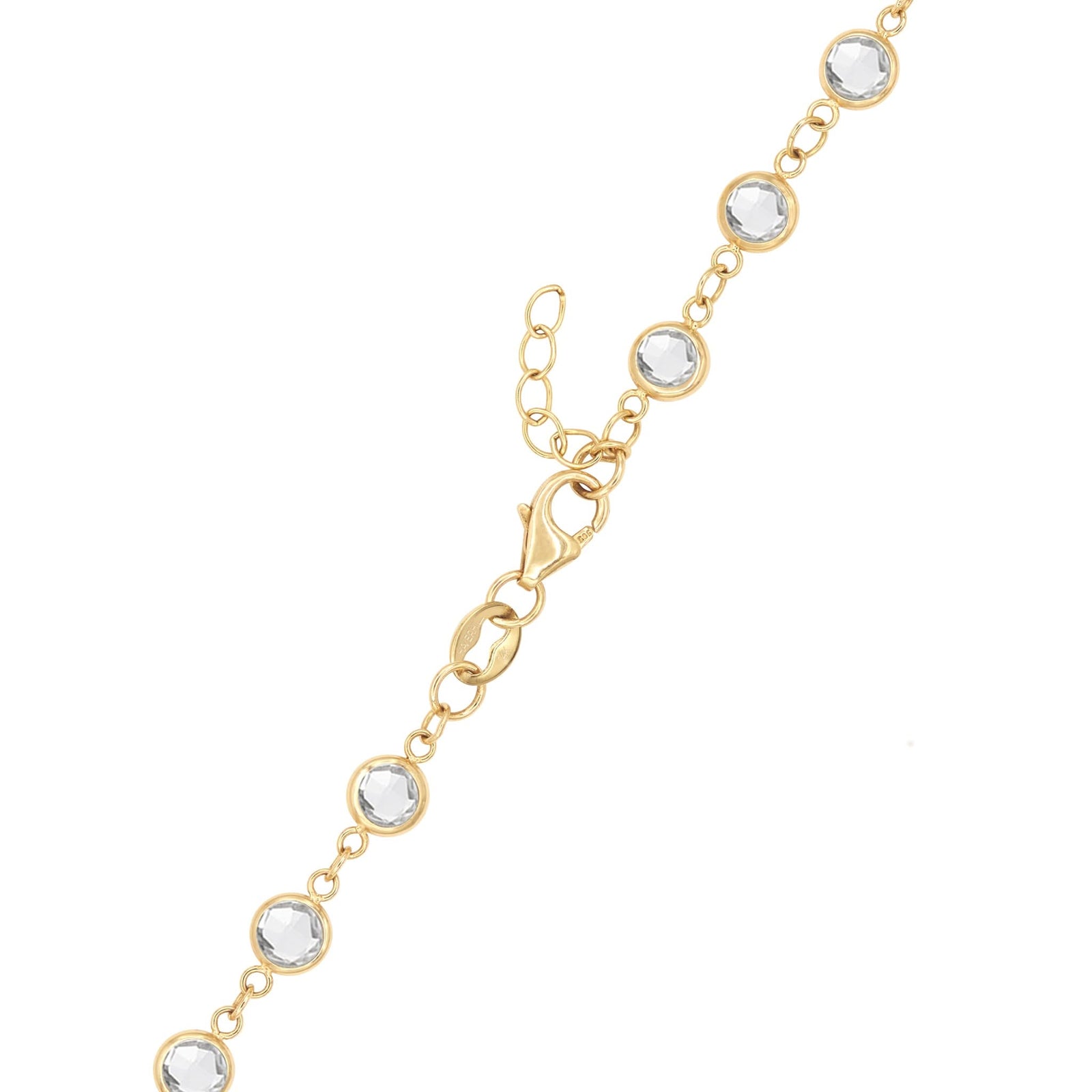 14k yellow gold 1.17 mm cable chain with a lobster claw clasp and 4 mm briolette cut bezel set white topaz