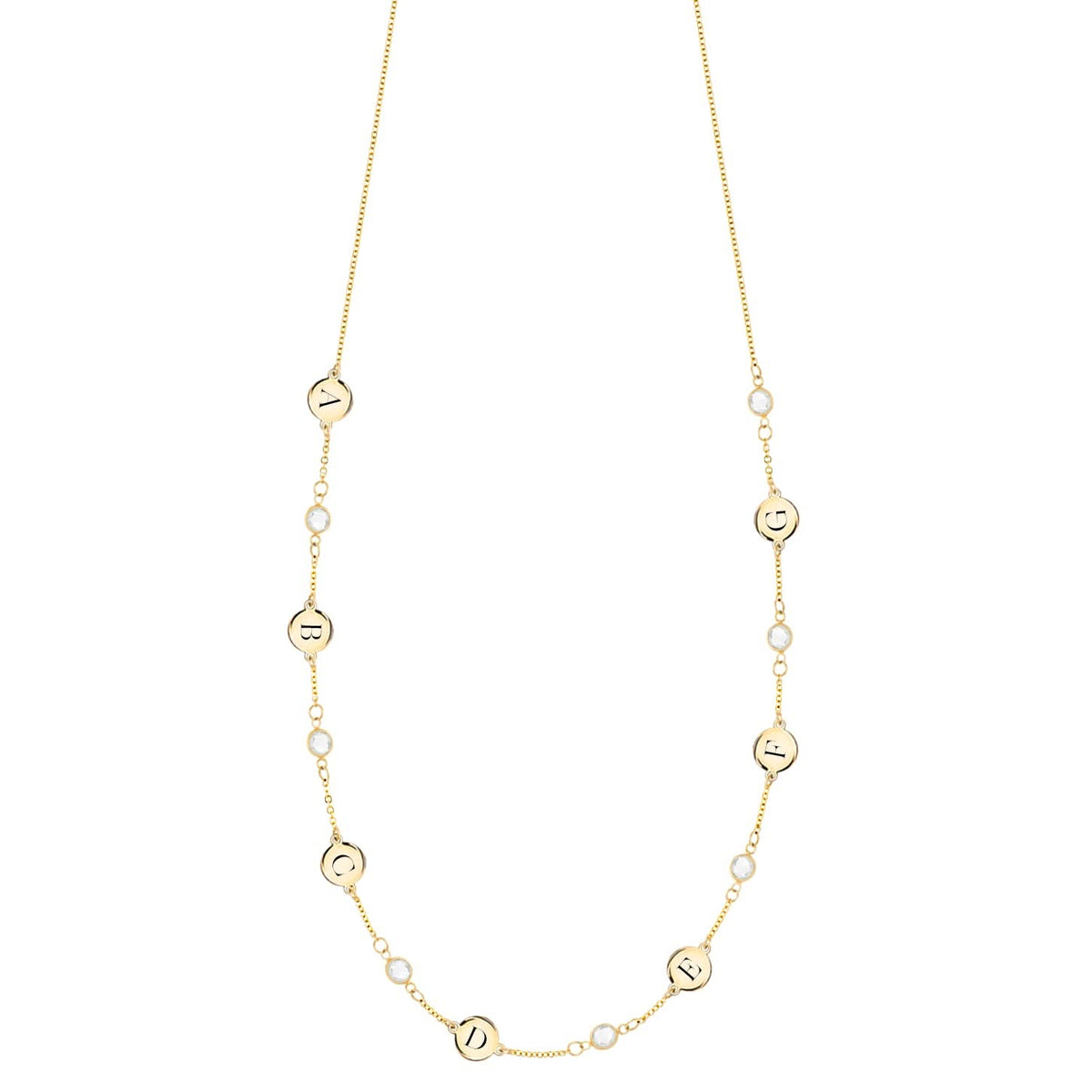 14k yellow gold Classic necklace featuring seven round birthstones and seven 1/4” flat letter-engraved discs - front view