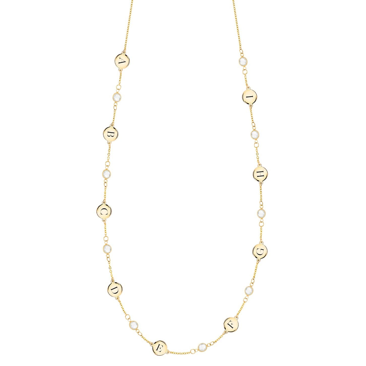 14k yellow gold Classic necklace featuring nine round birthstones and nine 1/4” flat letter-engraved discs - front view