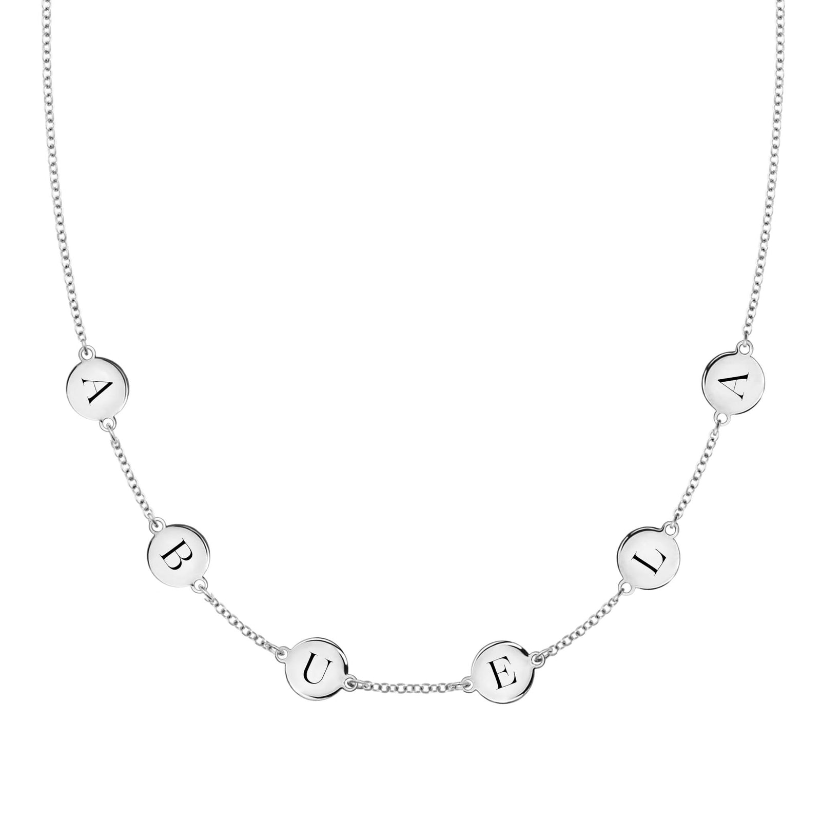 14k white gold cable chain necklace featuring six 1/4” flat engraved letter discs, spelling Abuela