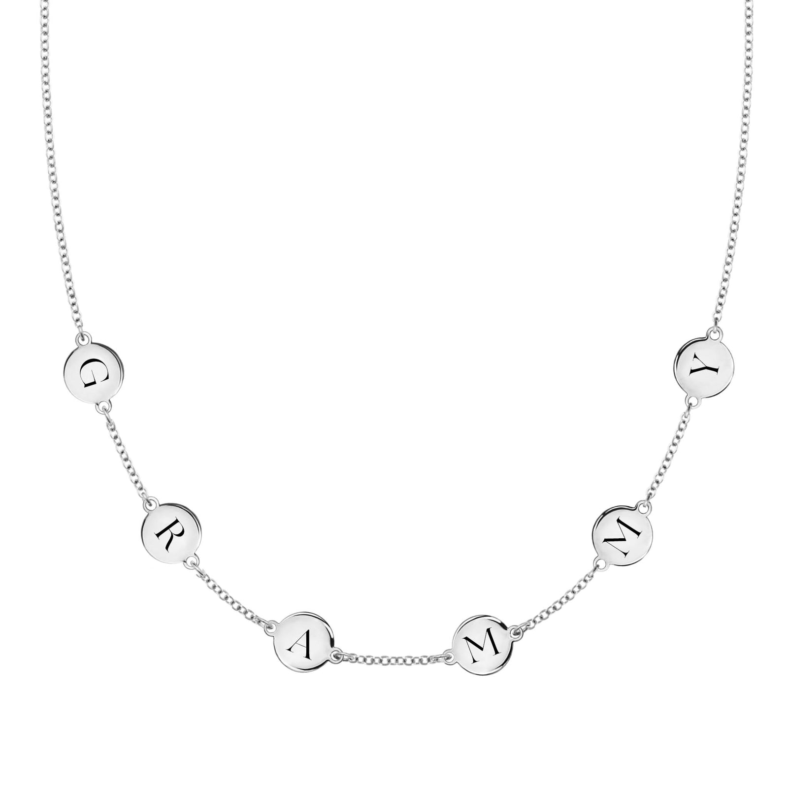 14k white gold cable chain necklace featuring six 1/4” flat engraved letter discs, spelling Grammy