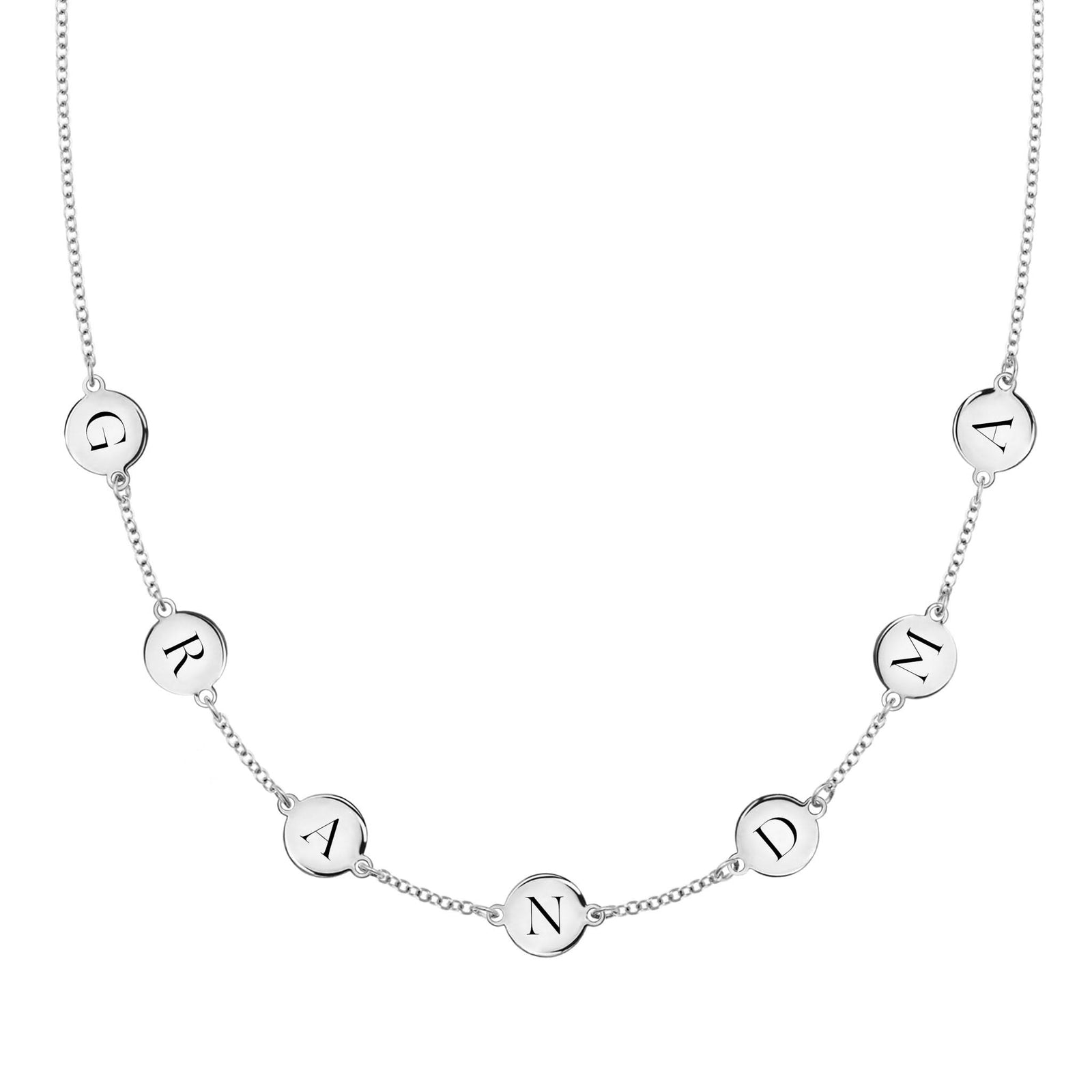 14k White Gold cable chain Necklace featuring seven 1/4” flat engraved letter discs, spelling GRANDMA