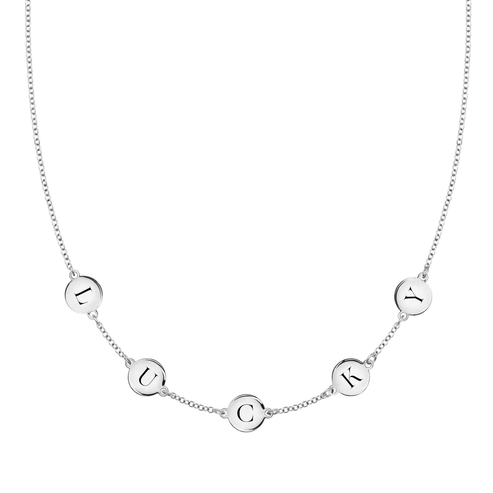 14k white gold cable chain necklace featuring five 1/4” flat engraved letter discs, spelling Lucky
