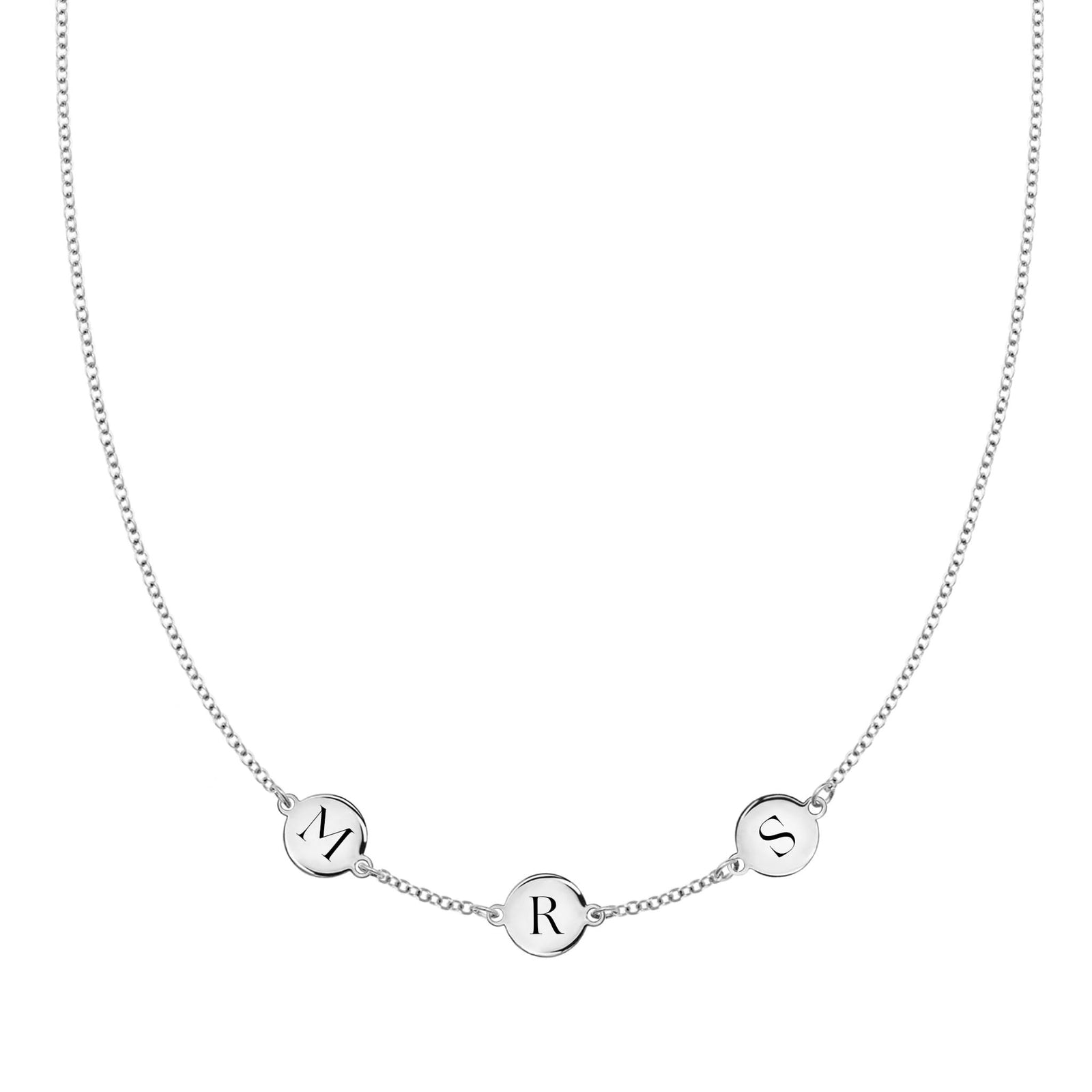 14k white gold cable chain necklace featuring three 1/4” flat engraved letter discs, spelling Mrs