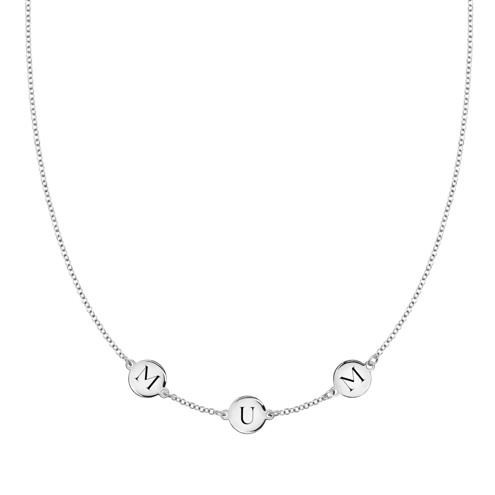 14k white gold cable chain necklace featuring three 1/4” flat engraved letter discs, spelling Mum