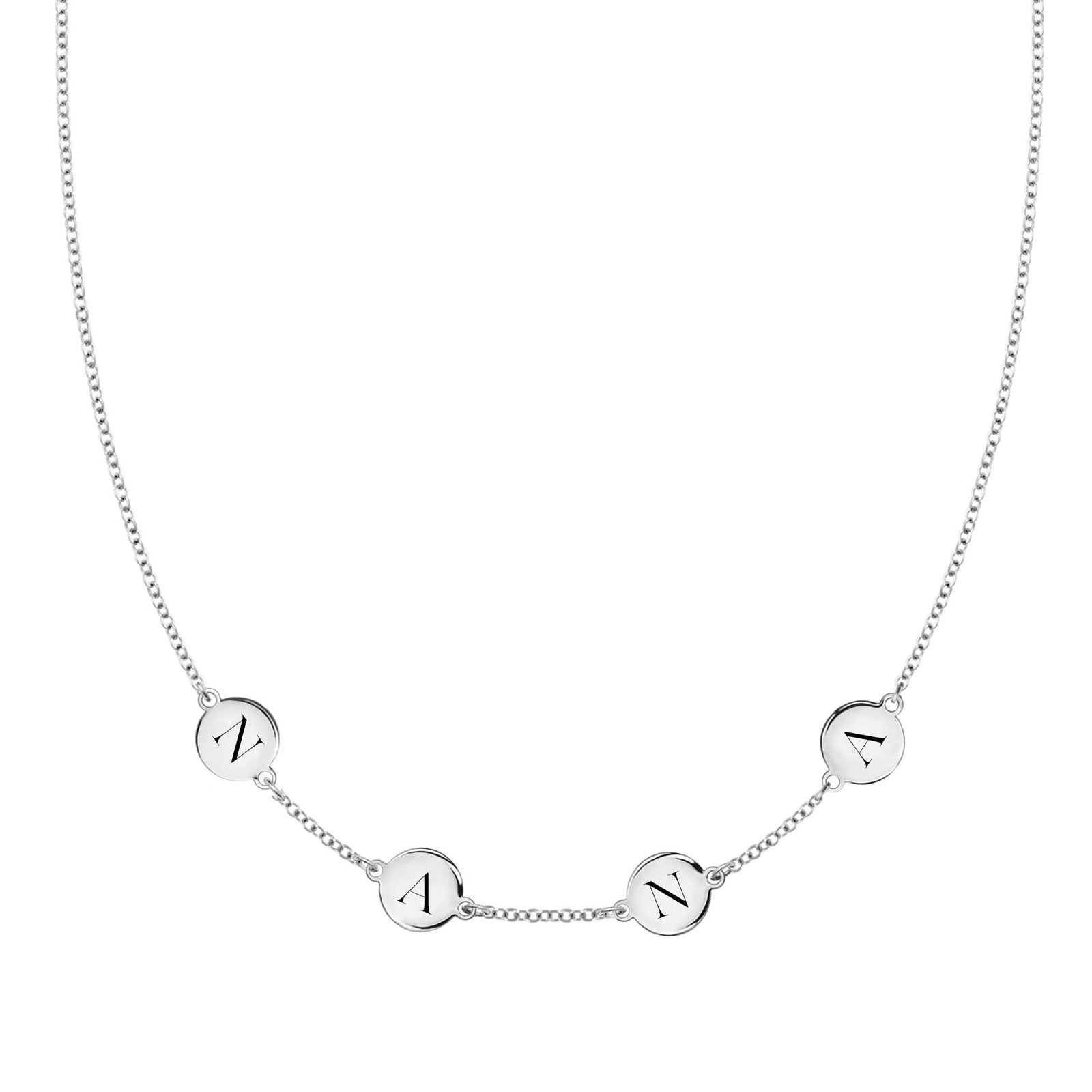 14k white gold cable chain necklace featuring four 1/4” flat engraved letter discs, spelling Nana