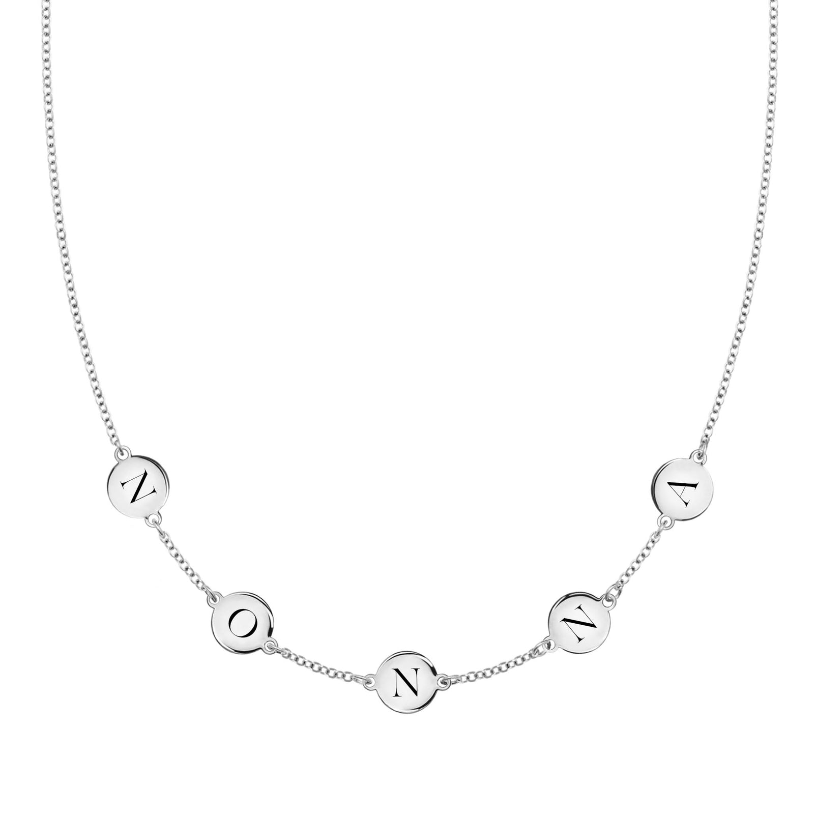 14k white gold cable chain necklace featuring five 1/4” flat engraved letter discs, spelling Nonna