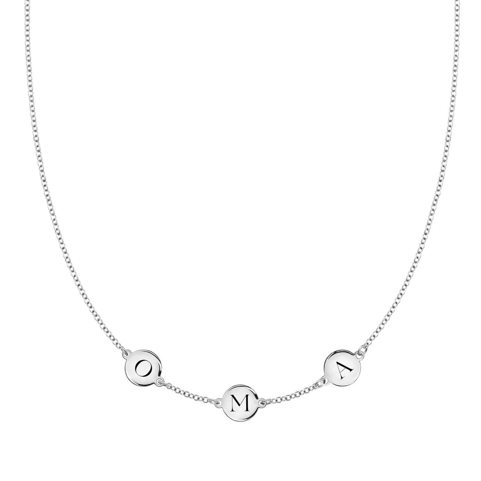14k white gold cable chain necklace featuring three 1/4” flat engraved letter discs, spelling Oma