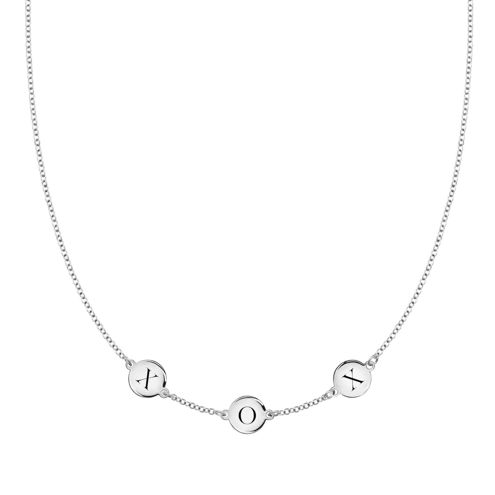 14k white gold cable chain necklace featuring three 1/4” flat engraved letter discs, spelling XOX