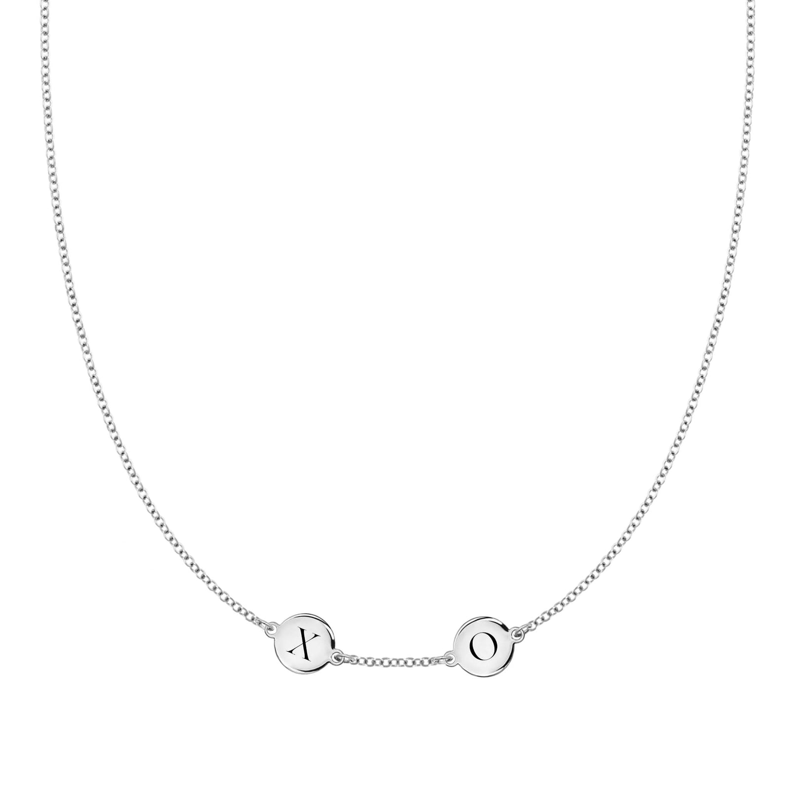 14k white gold cable chain necklace featuring two 1/4” flat engraved letter discs, spelling XO