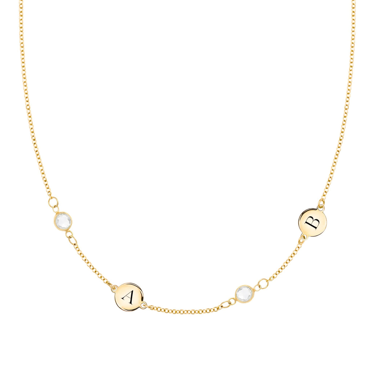 14k gold Classic necklace featuring two birthstones and two 1/4” flat letter-engraved discs - front view