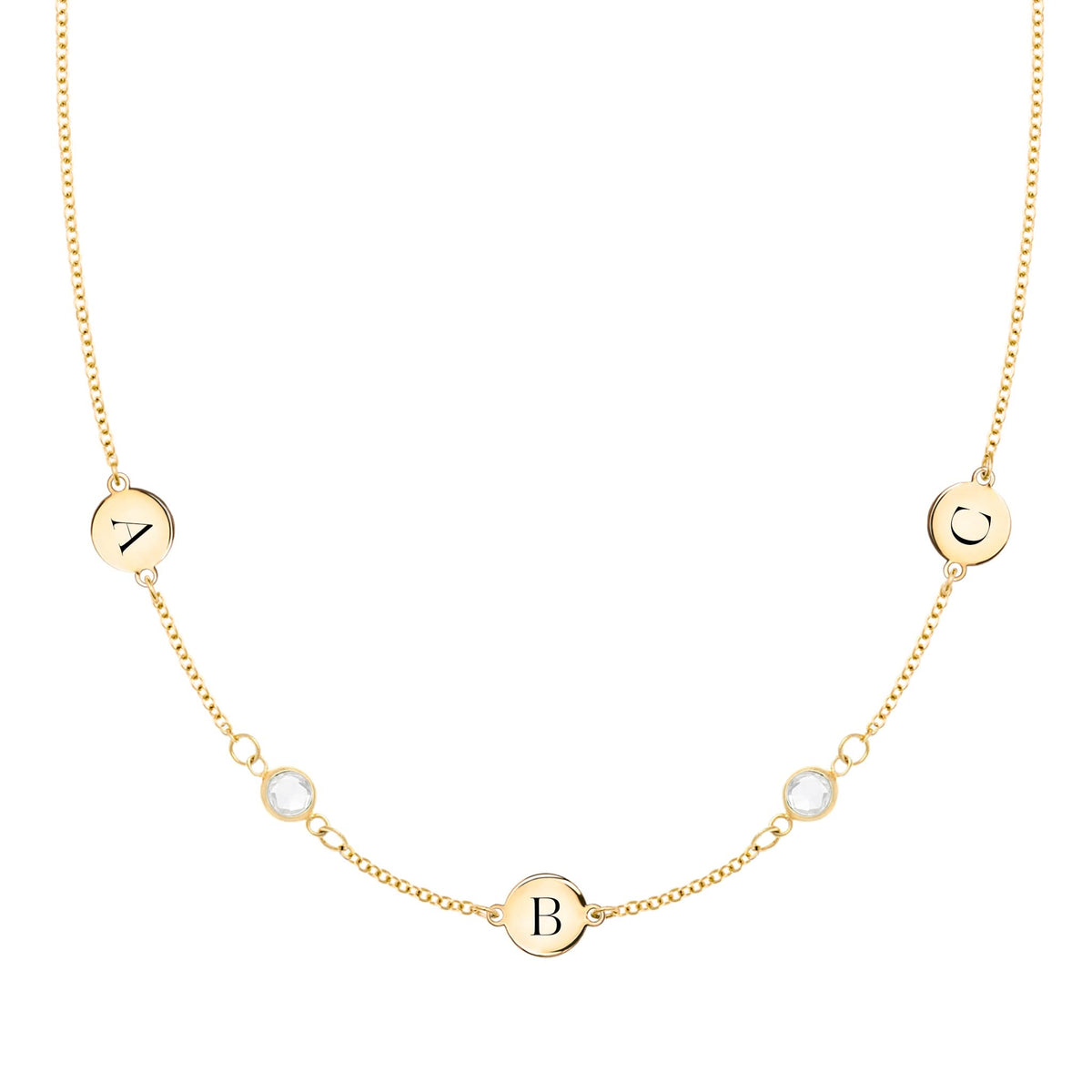 14k gold Classic necklace featuring two birthstones and three 1/4” flat letter-engraved discs - front view