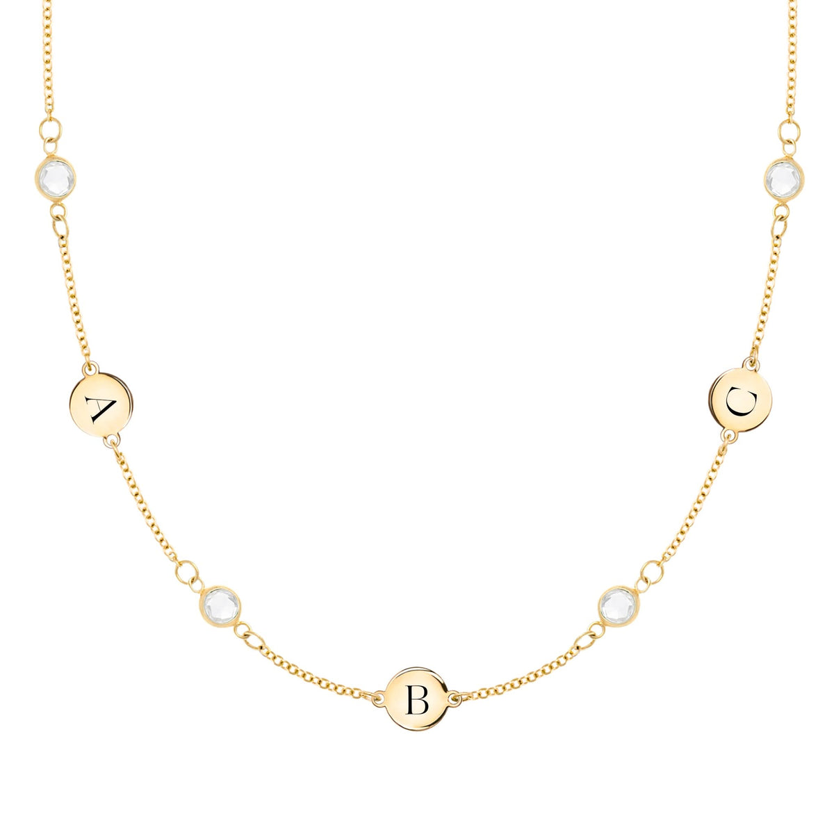 14k gold Classic necklace featuring 4 birthstones and three 1/4” flat discs engraved with the letters A, B & C - front view
