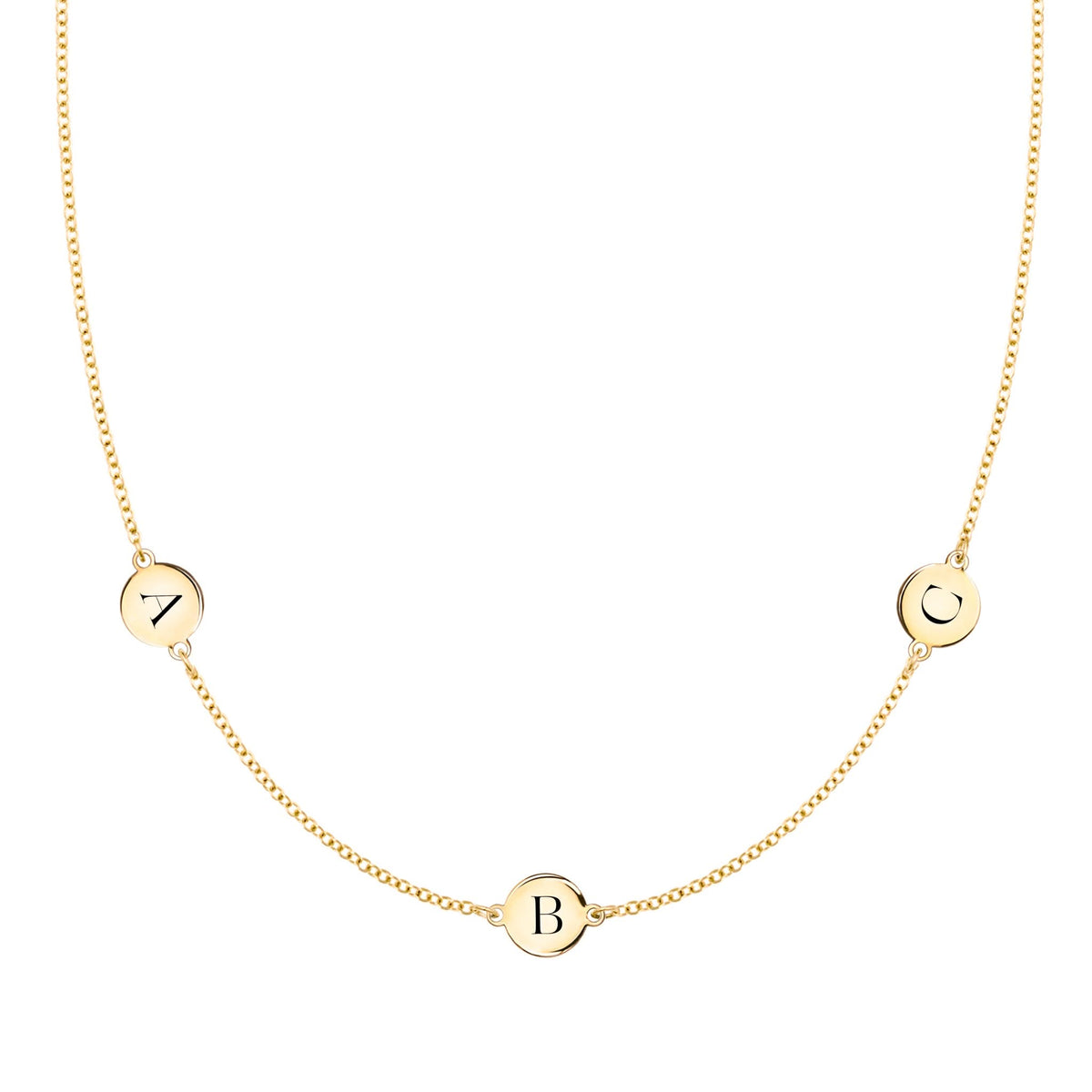 14k yellow gold cable chain necklace featuring three 1/4” flat discs engraved with the letters ABC - front view
