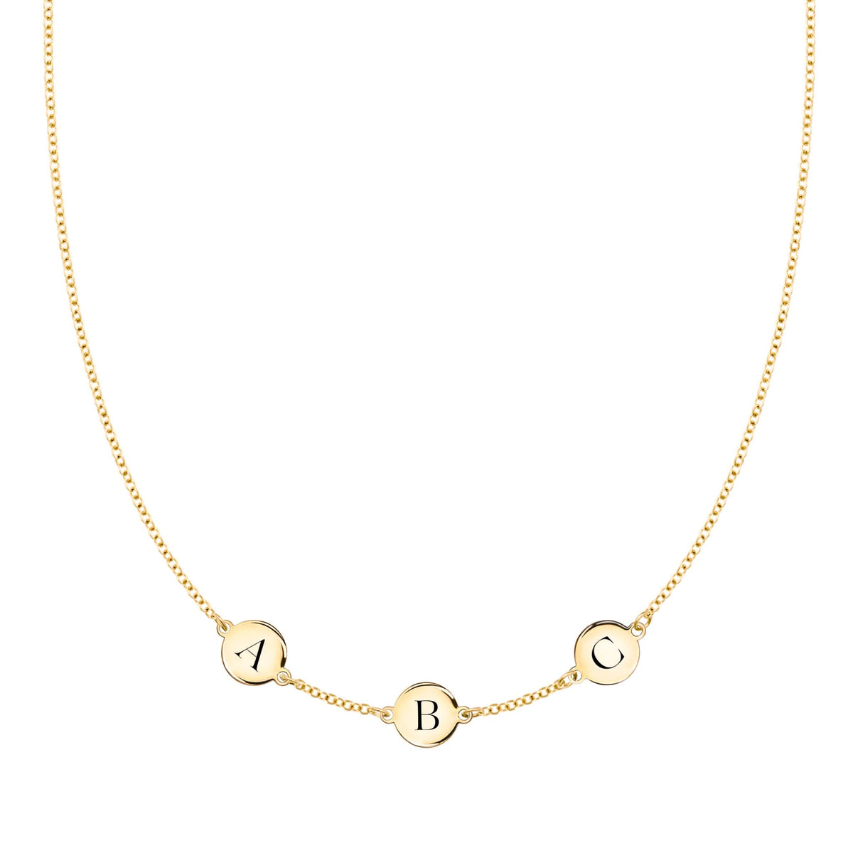 14k yellow gold cable chain necklace featuring three 1/4” flat discs engraved with the letters ABC - front view