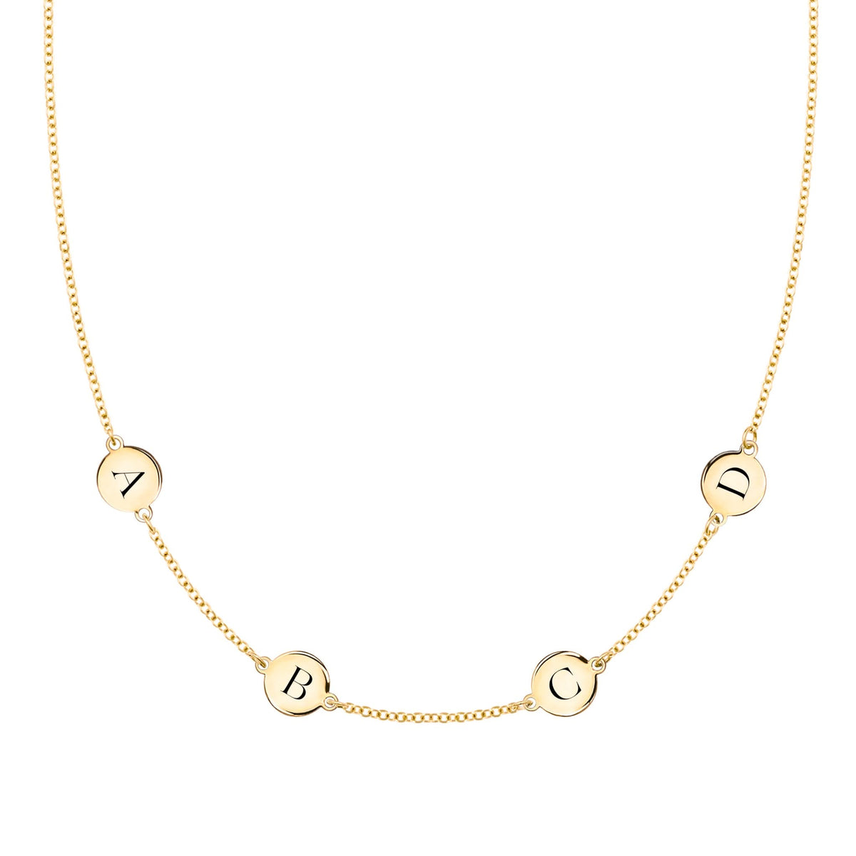 14k yellow gold cable chain necklace featuring four 1/4” flat discs engraved with the letters ABCD - front view