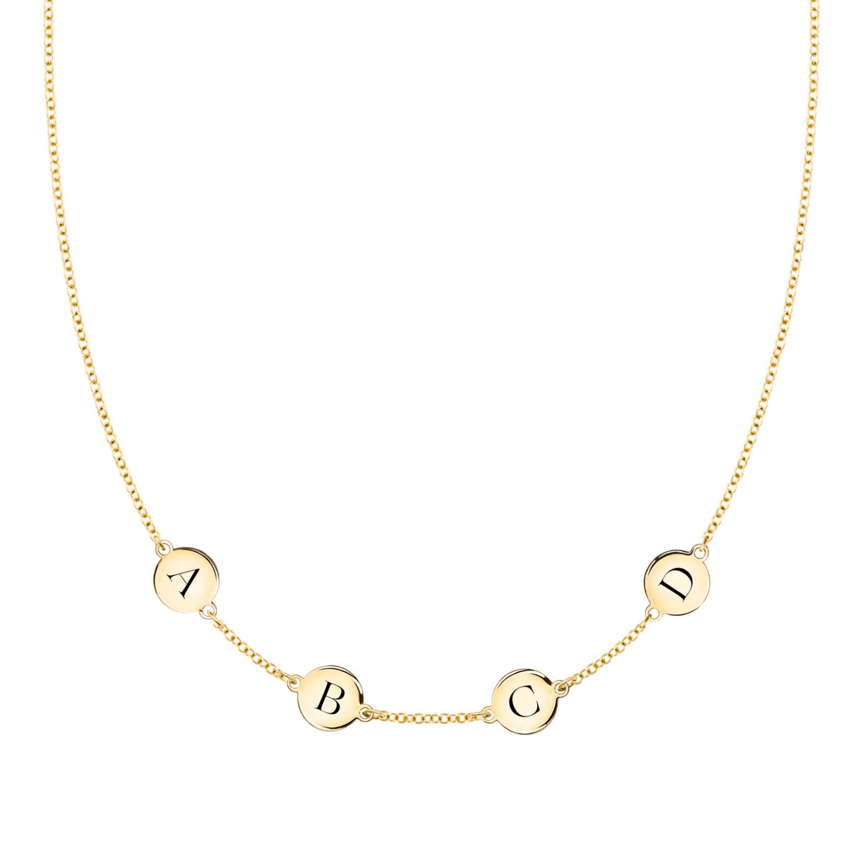 14k yellow gold cable chain necklace featuring four 1/4” flat discs engraved with the letters ABCD - front view