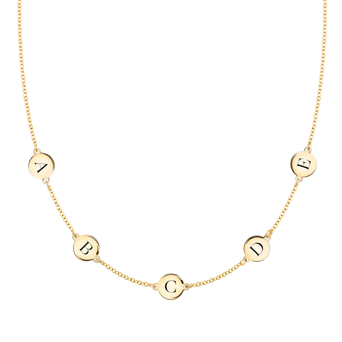 14k yellow gold cable chain necklace featuring five 1/4” flat discs engraved with the letters ABCDE - front view