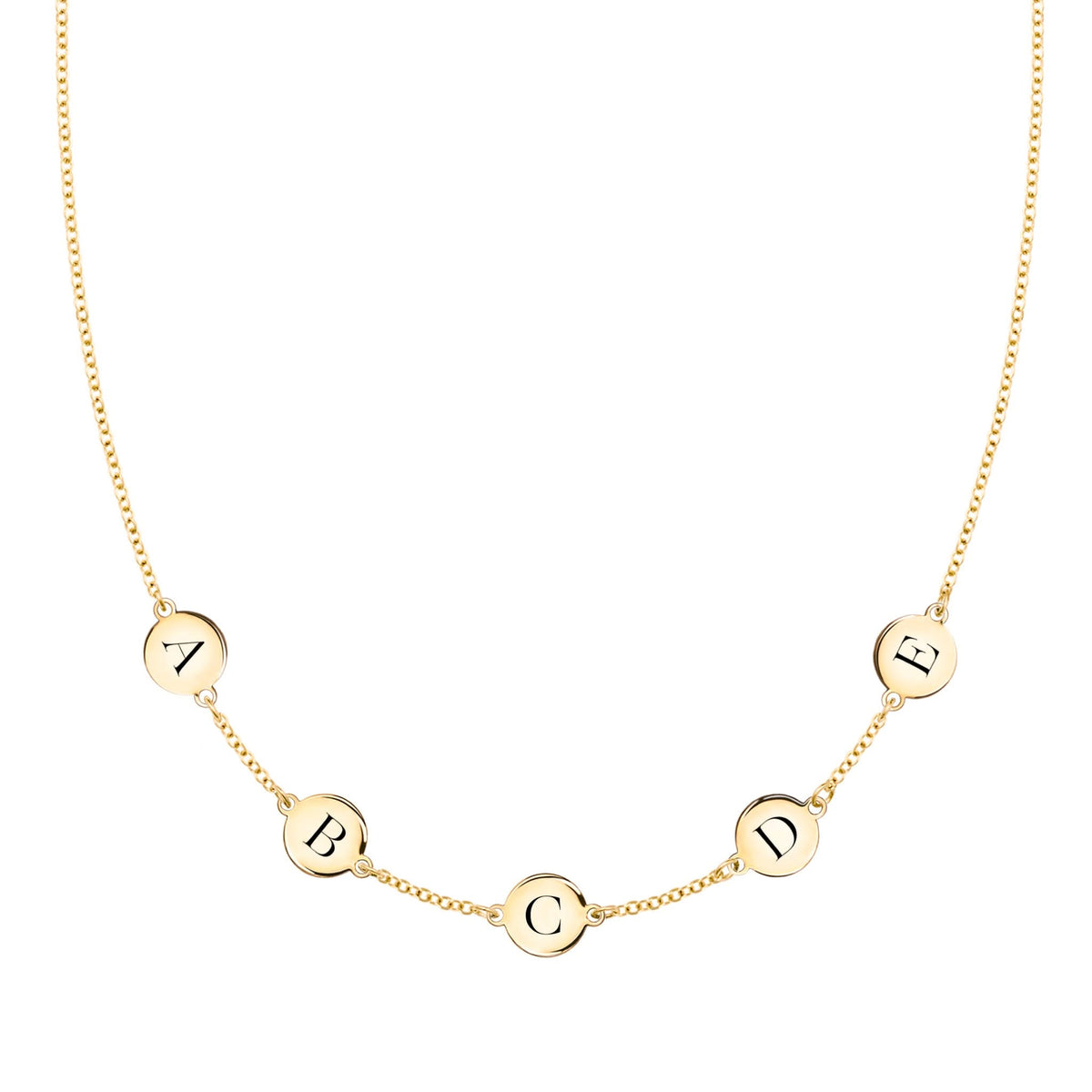 14k yellow gold cable chain necklace featuring five 1/4” flat discs engraved with the letters ABCDE - front view