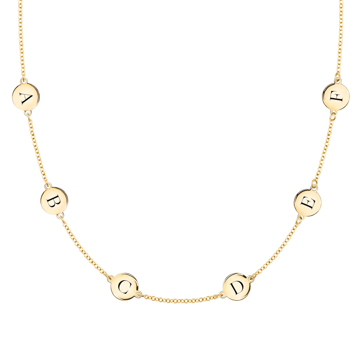 14k yellow gold cable chain necklace featuring six 1/4” flat discs engraved with letters, spelling ABCDEF - front view