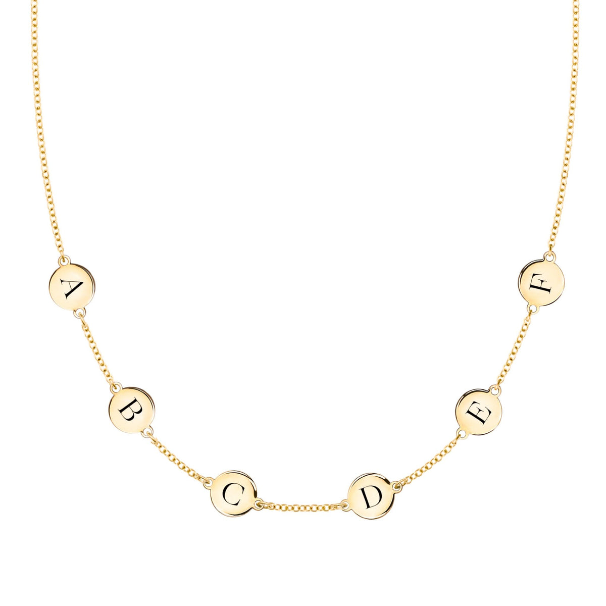 14k yellow gold cable chain necklace featuring six 1/4” flat discs engraved with letters, spelling ABCDEF - front view