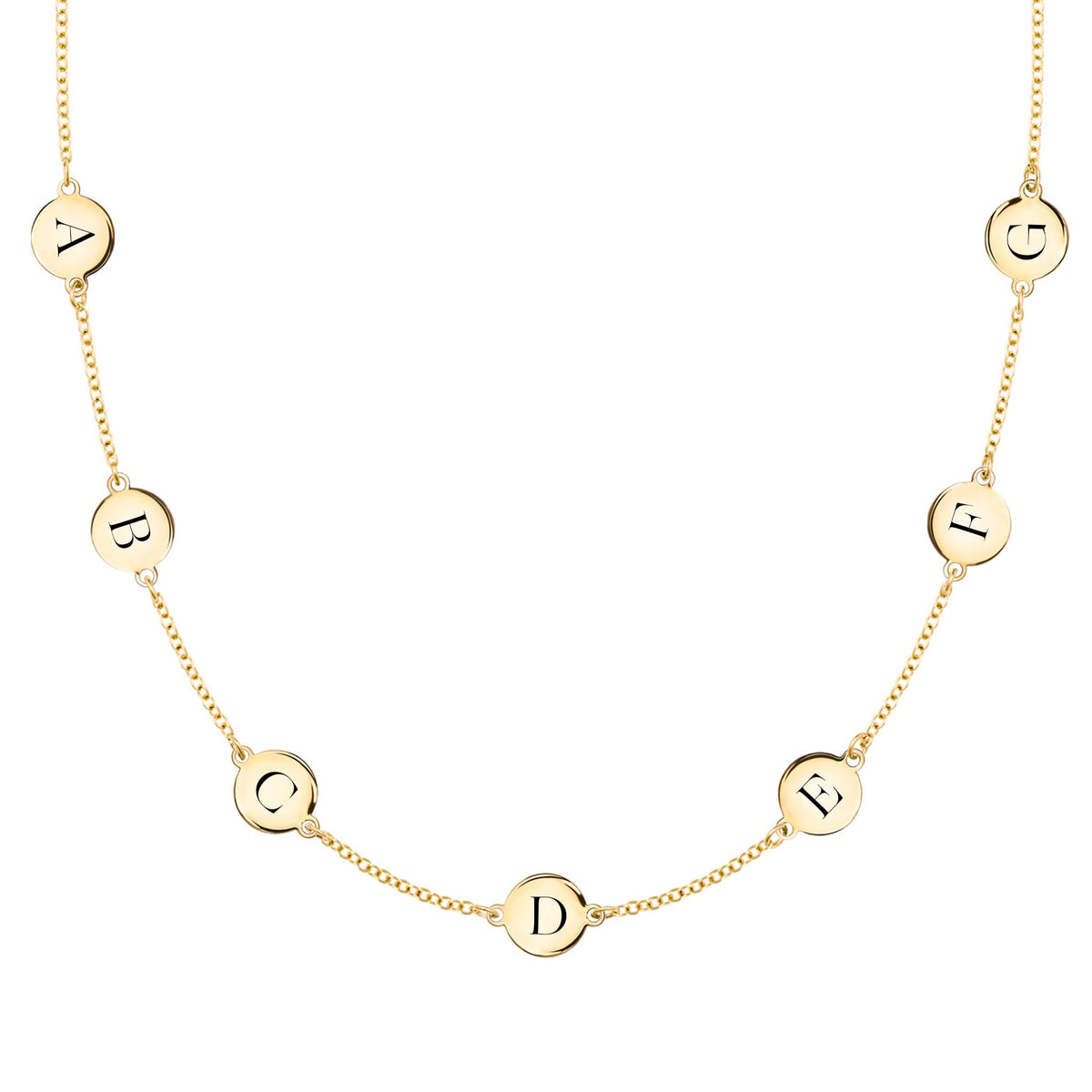 14k yellow gold cable chain necklace featuring seven 1/4” flat discs engraved with the letters ABCDEFG - front view