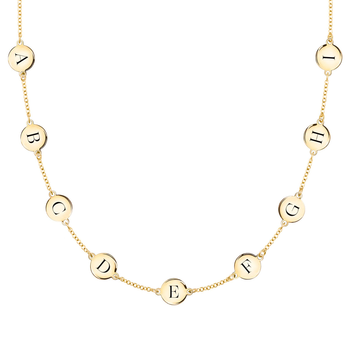 14k yellow gold cable chain necklace featuring nine 1/4” flat discs engraved with the letters ABCDEFGHI - front view