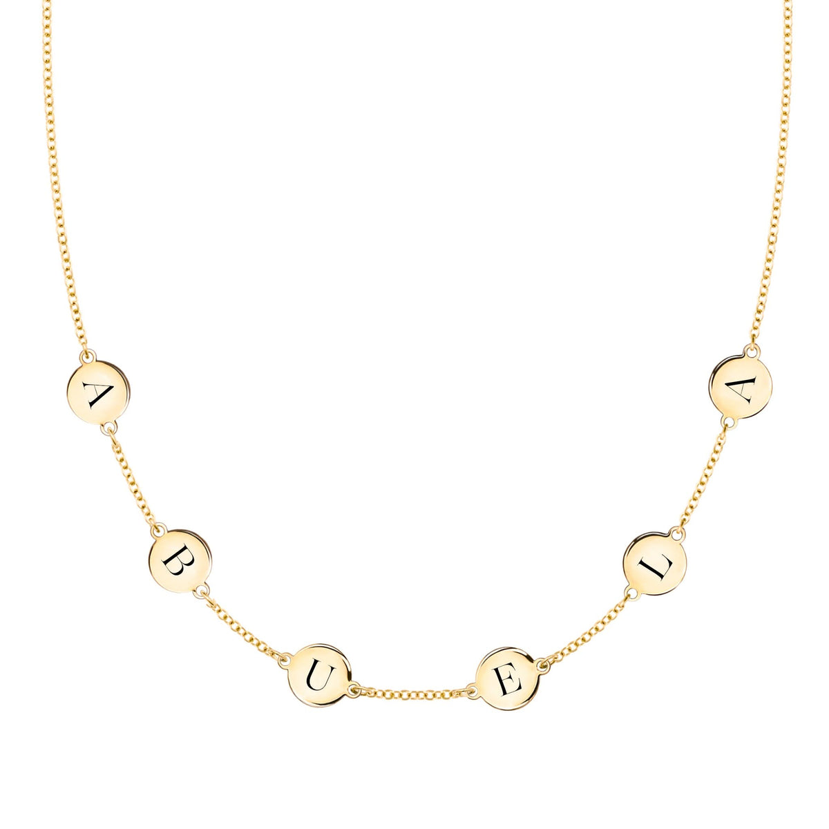 14k yellow gold cable chain necklace featuring six 1/4” flat engraved letter discs, spelling Abuela - front view