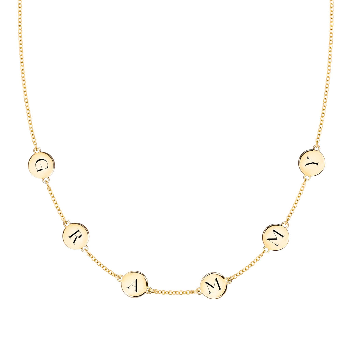14k yellow gold cable chain necklace featuring six 1/4” flat engraved letter discs, spelling Grammy - front view