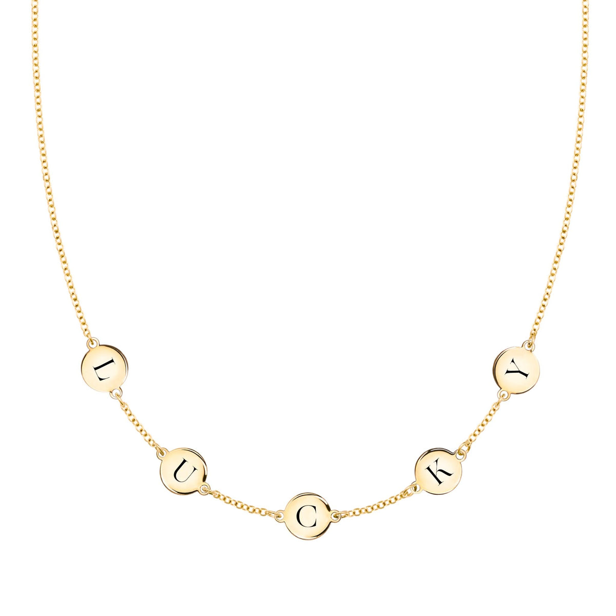 14k yellow gold cable chain necklace featuring five 1/4” flat engraved letter discs, spelling Lucky - front view