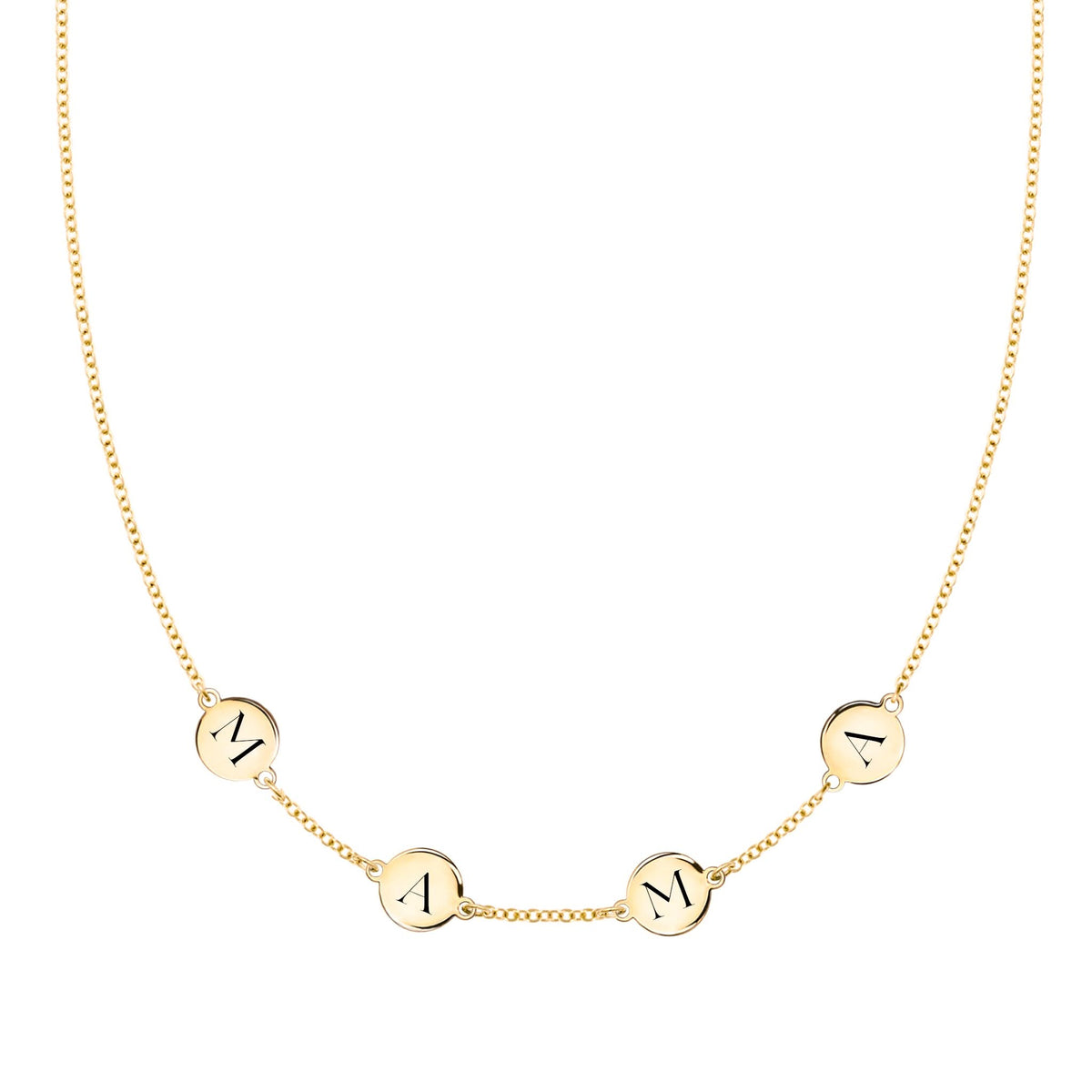 14k yellow gold cable chain necklace featuring four 1/4” flat engraved letter discs, spelling Mama - front view
