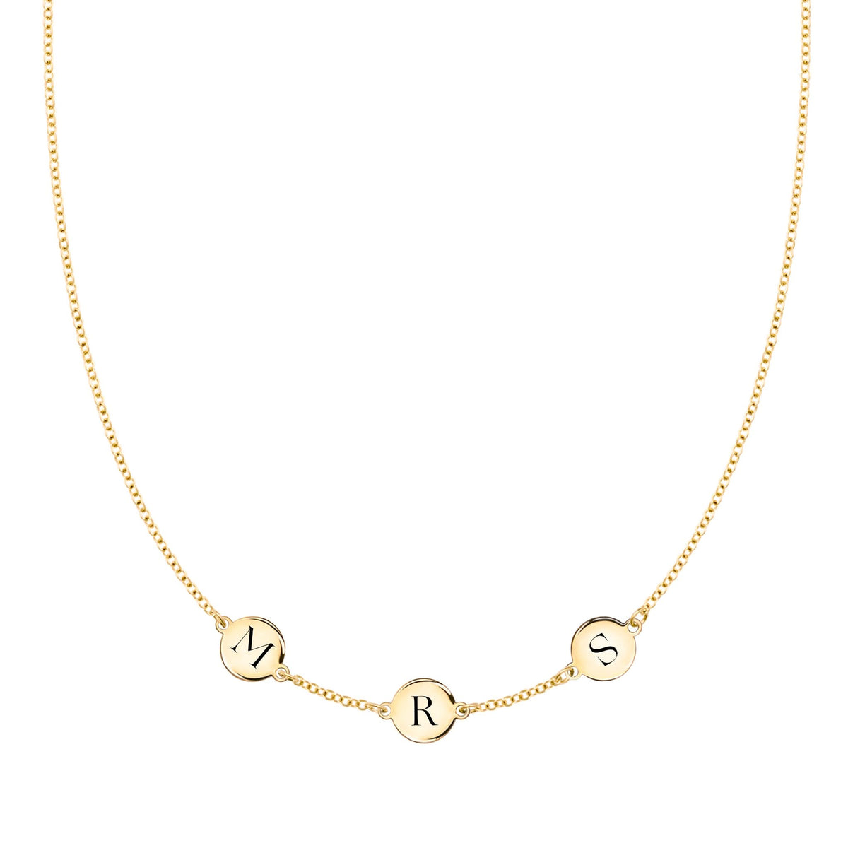 14k yellow gold cable chain necklace featuring three 1/4” flat engraved letter discs, spelling Mrs - front view