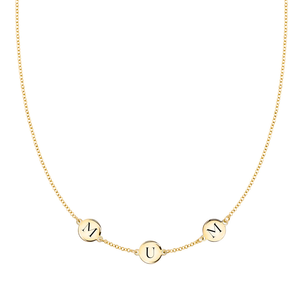 14k yellow gold cable chain necklace featuring three 1/4” flat engraved letter discs, spelling Mum - front view