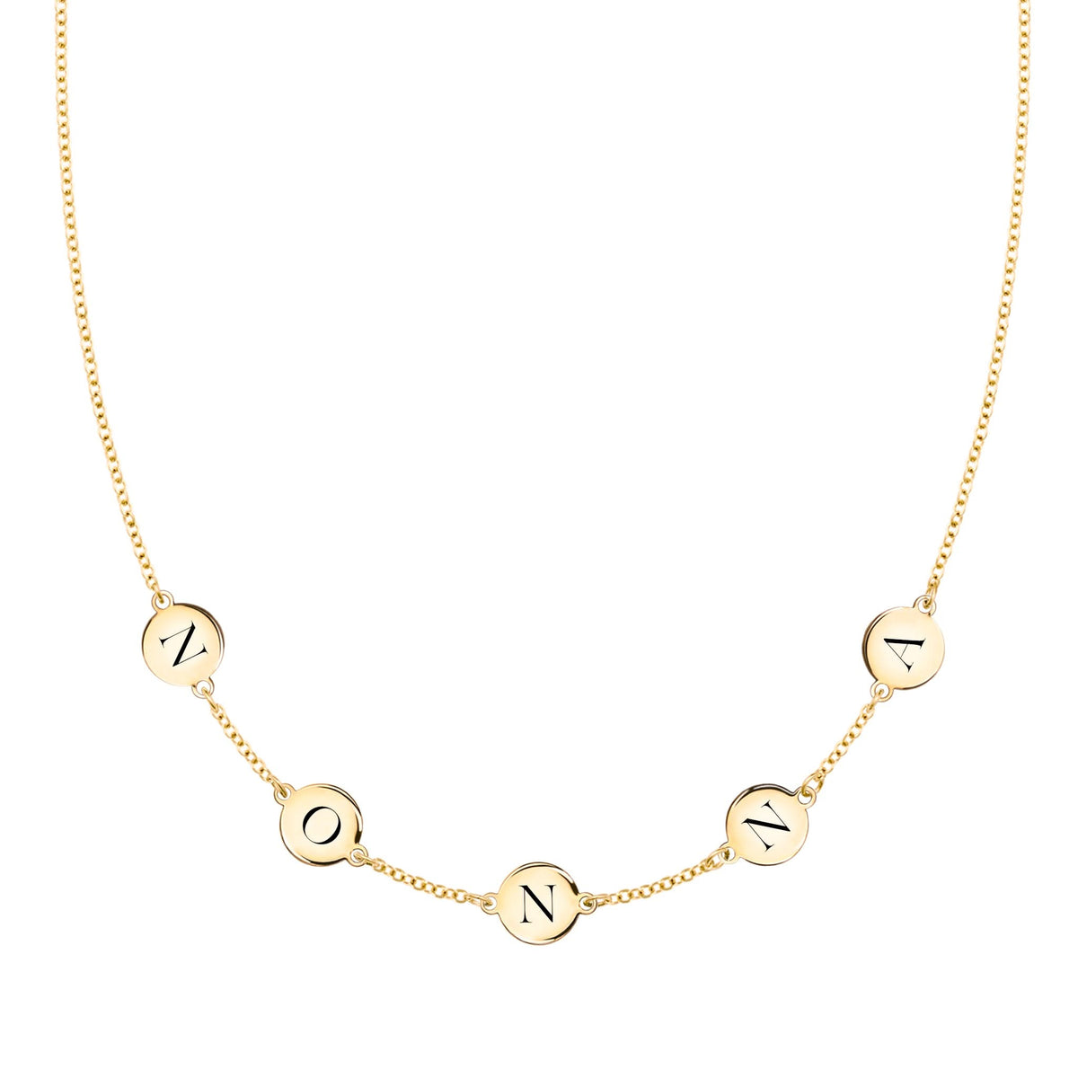 14k yellow gold cable chain necklace featuring five 1/4” flat engraved letter discs, spelling Nonna - front view
