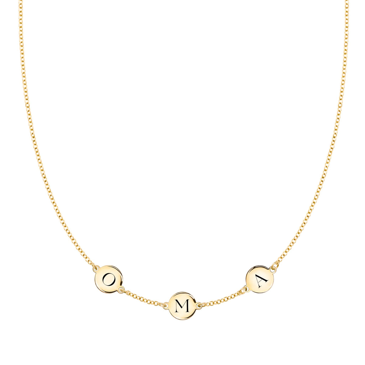 14k yellow gold cable chain necklace featuring three 1/4” flat engraved letter discs, spelling Oma - front view