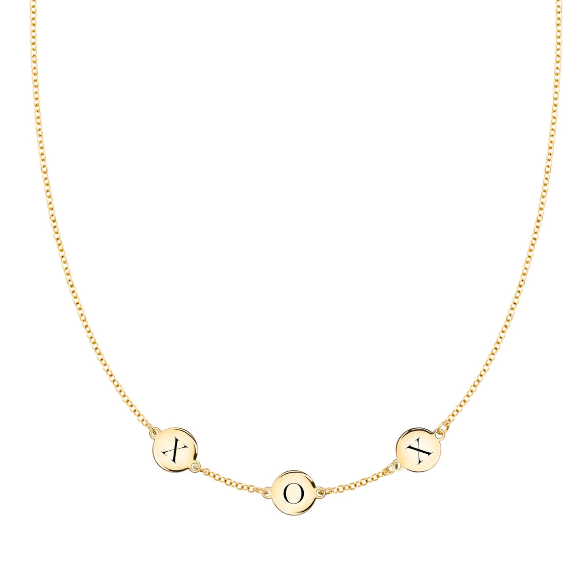 14k yellow gold cable chain necklace featuring three 1/4” flat engraved letter discs, spelling XOX - front view