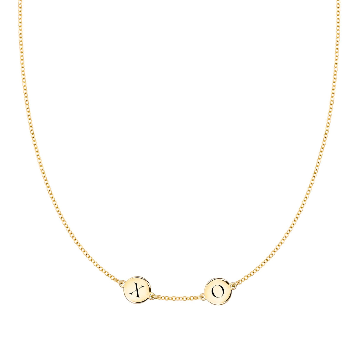 14k yellow gold cable chain necklace featuring two 1/4” flat engraved letter discs, spelling XO - front view
