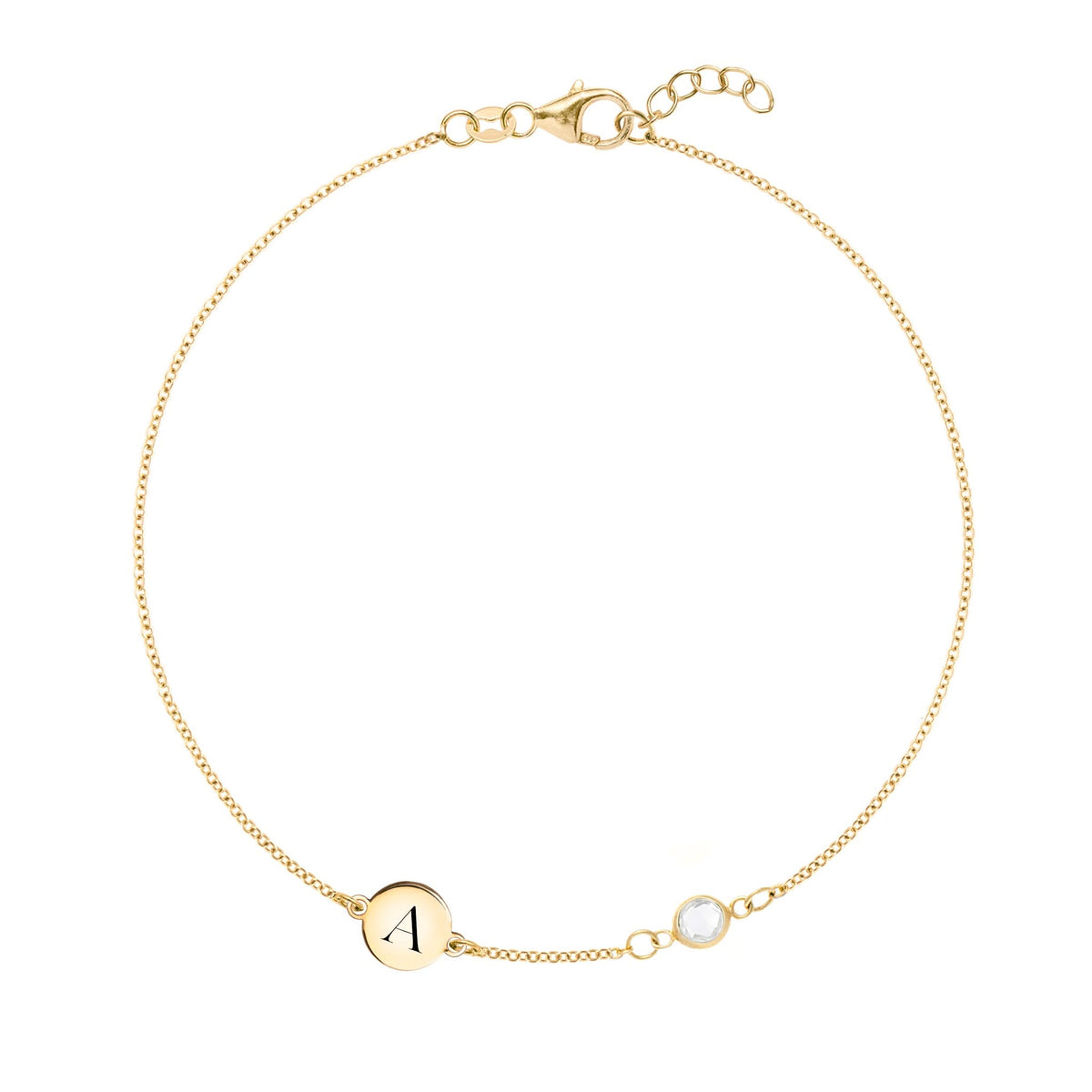 14k yellow gold Classic bracelet featuring one birthstone and one 1/4” flat disc engraved with the letter A - front view