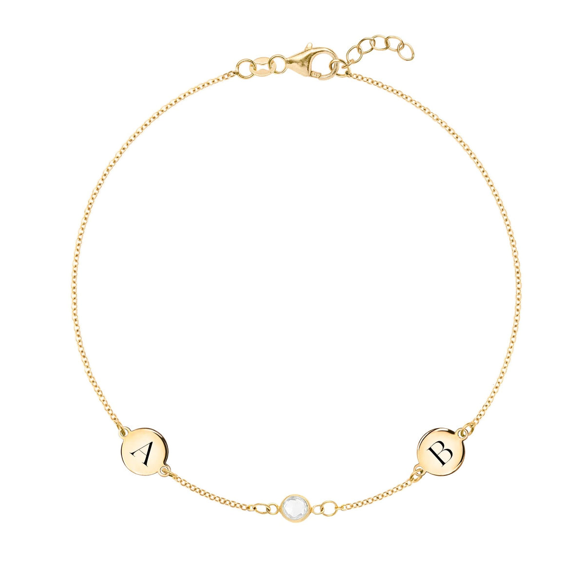 14k yellow gold Classic bracelet featuring one birthstone and two 1/4” flat discs engraved with letters A & B - front view