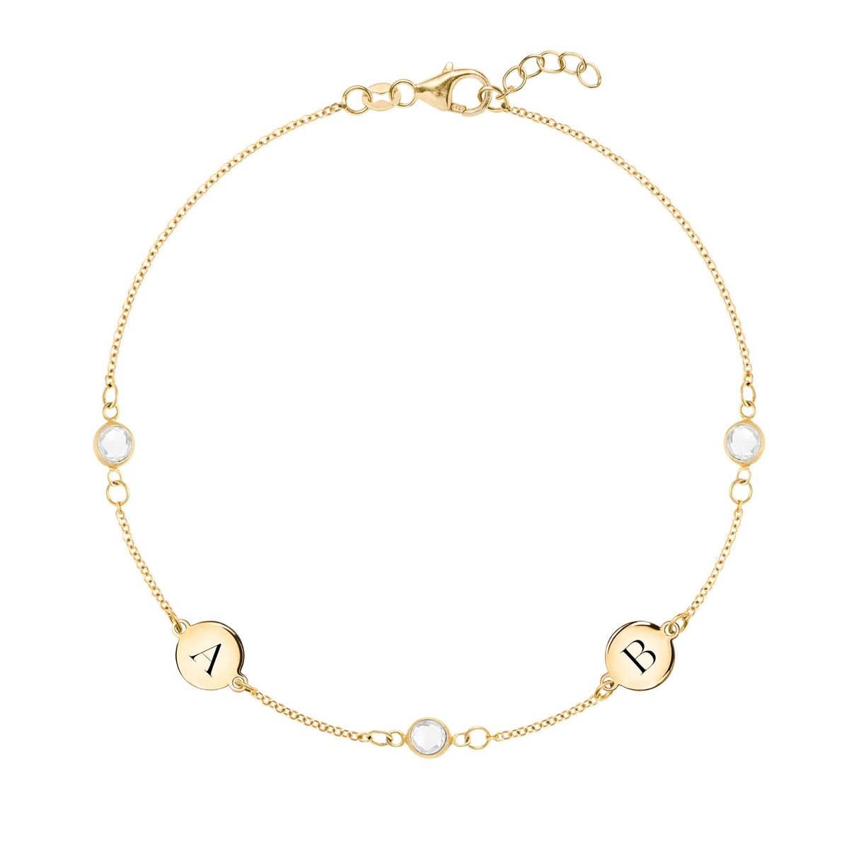 14k yellow gold Classic bracelet featuring three birthstones and two 1/4” flat discs engraved with letters A & B - front view