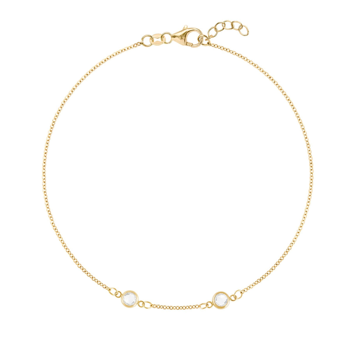 Personalized cable chain bracelet featuring two 4 mm briolette cut gemstones bezel set in 14k yellow gold - front view