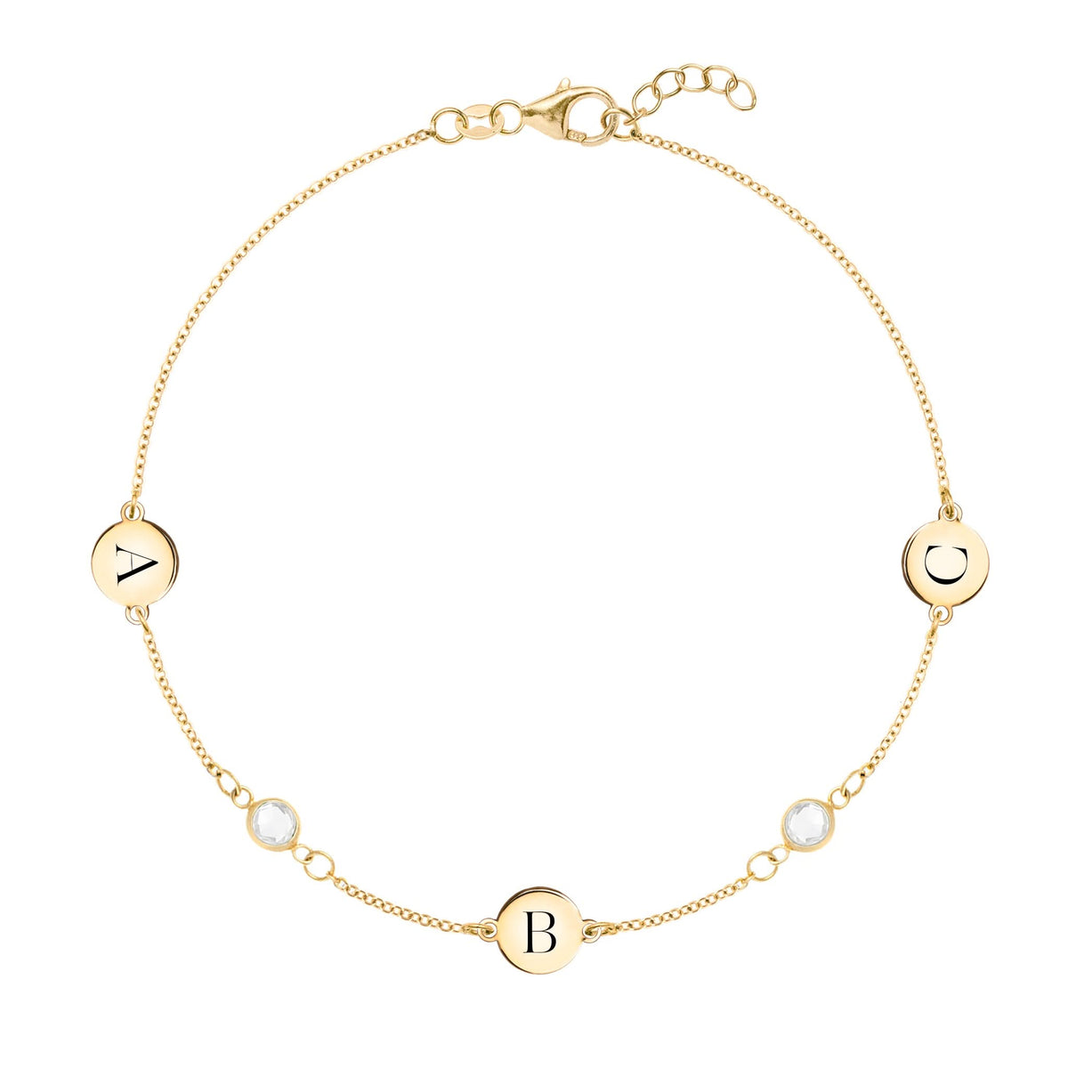 14k gold Classic bracelet featuring two birthstones and three 1/4” flat discs engraved with letters A,B & C - front view