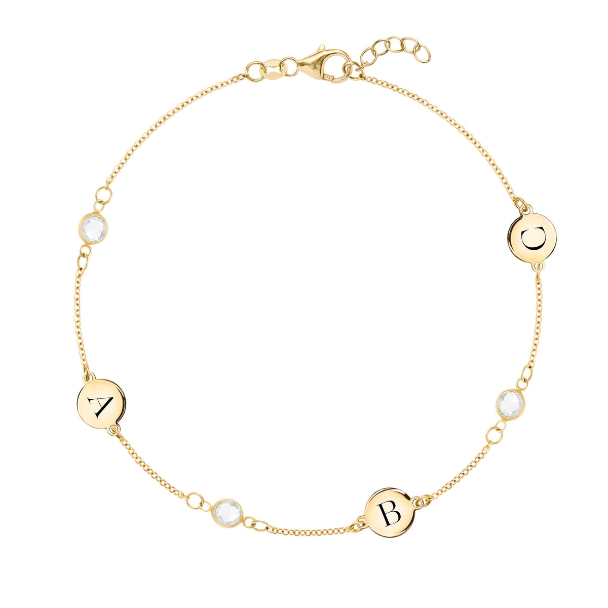 14k gold Classic bracelet featuring three birthstones and three 1/4” flat discs engraved with letters A, B & C - front view