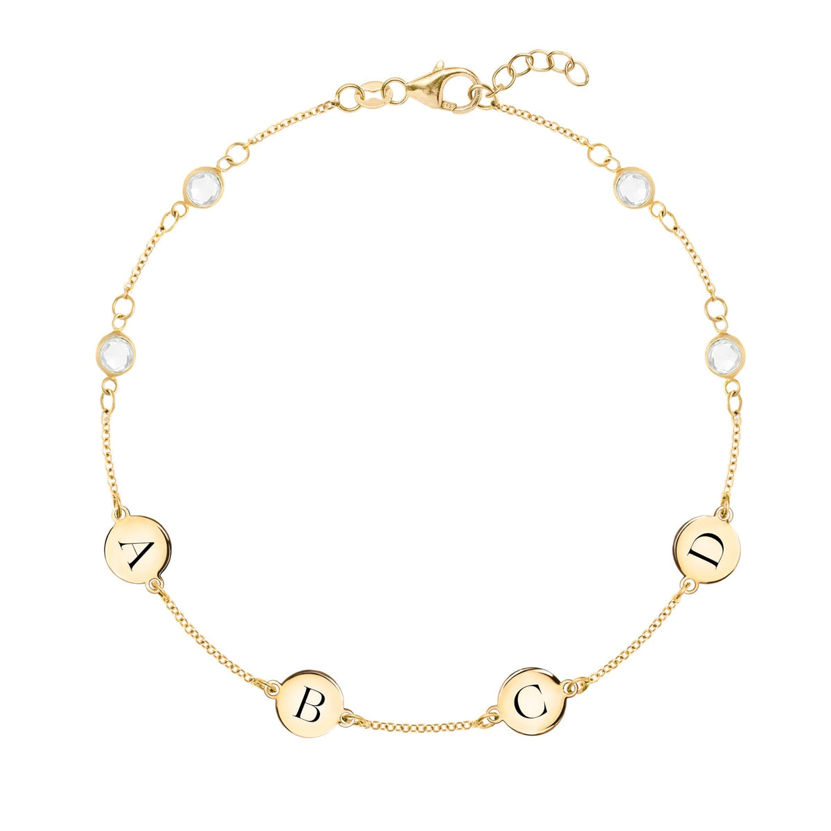 14k gold Classic bracelet featuring four birthstones and four 1/4” flat discs engraved with letters A, B, C & D - front view